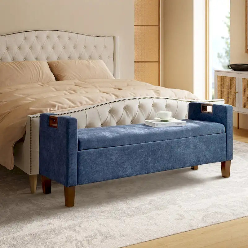 Upholstered Storage Bench with Hidden Compartment & Solid Wood Legs
