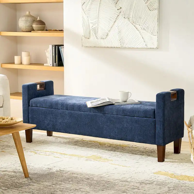 Upholstered Storage Bench with Hidden Compartment & Solid Wood Legs