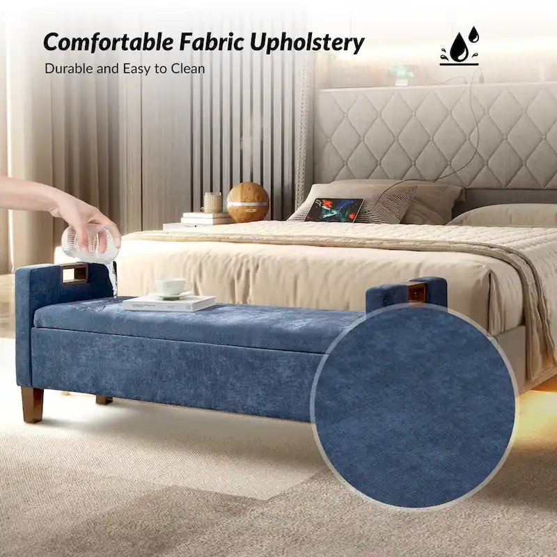 Upholstered Storage Bench with Hidden Compartment & Solid Wood Legs