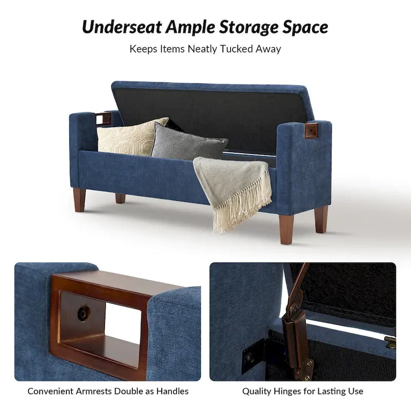 Upholstered Storage Bench with Hidden Compartment & Solid Wood Legs