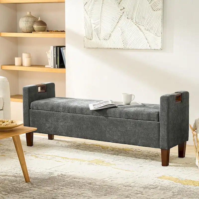 Upholstered Storage Bench with Hidden Compartment & Solid Wood Legs
