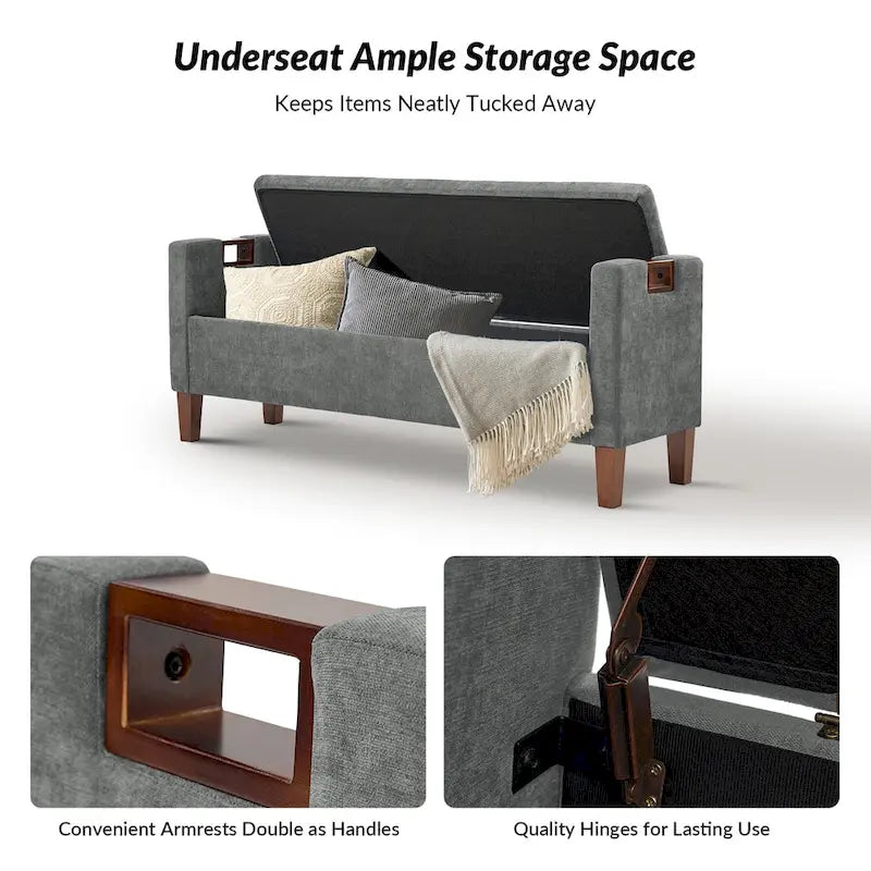 Upholstered Storage Bench with Hidden Compartment & Solid Wood Legs