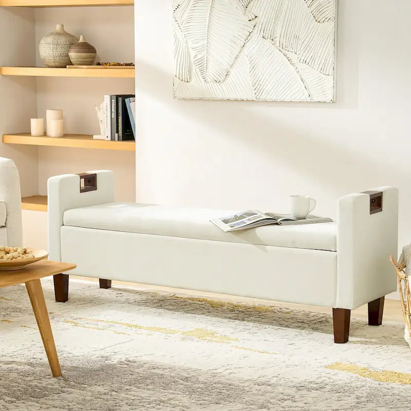 Upholstered Storage Bench with Hidden Compartment & Solid Wood Legs
