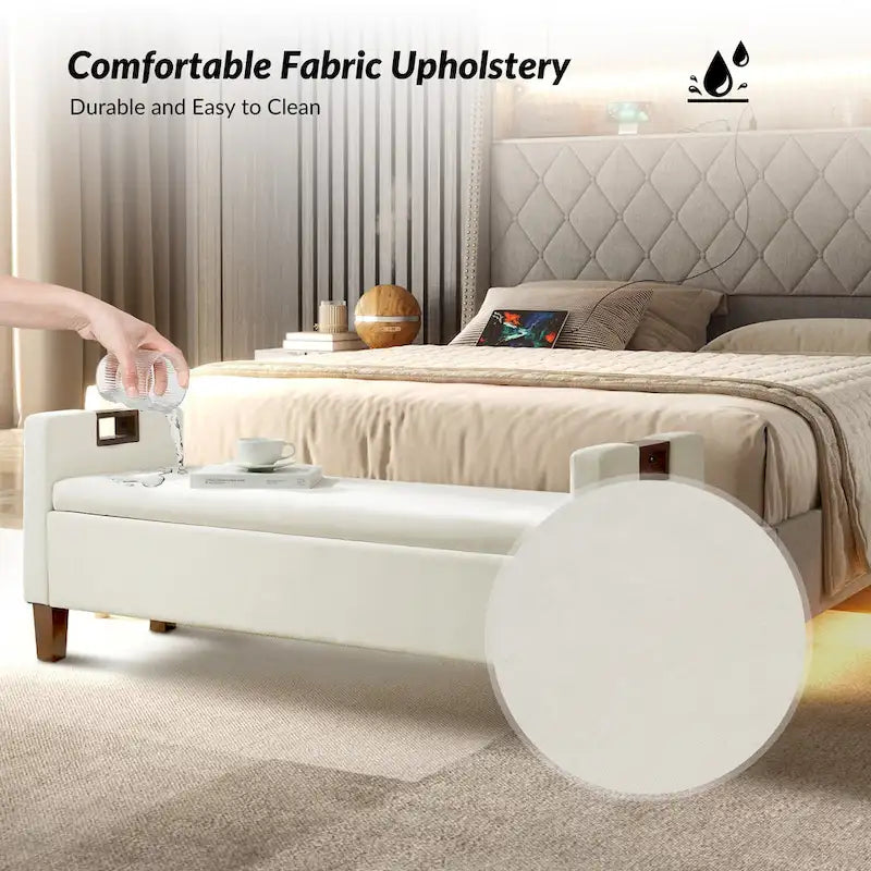 Upholstered Storage Bench with Hidden Compartment & Solid Wood Legs