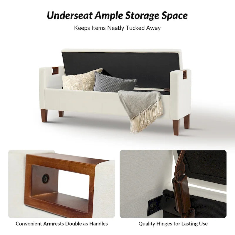 Upholstered Storage Bench with Hidden Compartment & Solid Wood Legs